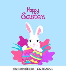 Cute white bunny looks out of the bush. Easter eggs. Rabbit Vector Cartoon Character. Greeting card.