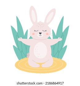 Cute white bunny meditating in lotus pose. Animal yoga, relaxation, meditation. World yoga day. Hand drawn vector illustration