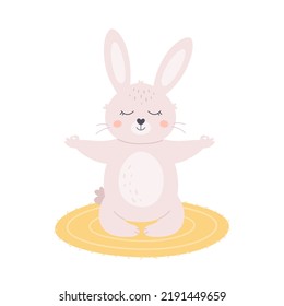 Cute white bunny meditating in lotus pose. Animal yoga, relaxation, meditation. World yoga day. Hand drawn vector illustration