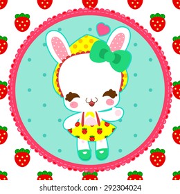 Cute white bunny on the background of strawberry pattern. Perfect background for notebooks, covers, stickers and any cute design! Great for greeting cards!