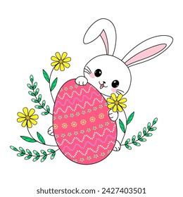 Lindo conejito blanco asomándose por detrás de un huevo de Pascua, ilustración vectorial aislado sobre fondo blanco, tarjeta de felicitación, elemento decorativo, pancarta.