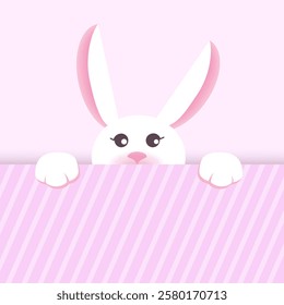 Cute white bunny peeking over a pink striped border, designed in pastel tones.Perfect for Easter cards, children's illustrations, spring designs, and playful animal themed projects.Vector illustration