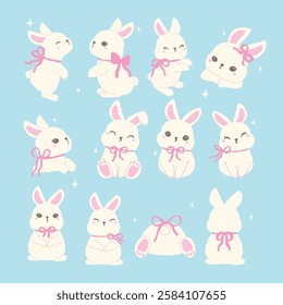 Cute White Bunny with Pink Coquette Ribbon Bow and Chubby Cheeks in Adorable Whimsical  Cartoon Hand Drawn Style