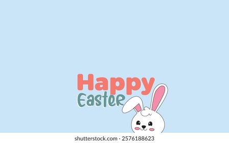 A cute white bunny with pink ears wishes everyone a Happy Easter on a light blue background with a charming, minimalist design,