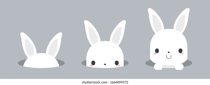 Cute white bunny rabbit appearing from hole. Flat vector illustration.