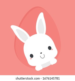 Cute white bunny rabbit appearing from pink Easter egg shape background. Flat vector illustration.