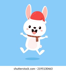 Cute white bunny. Rabbit cartoon vector collection. Animal wildlife character. Merry Christmas poster.