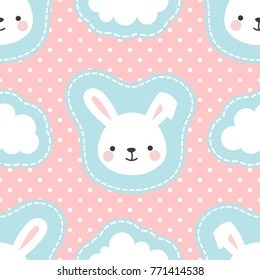 Cute White Bunny Rabbit with Cartoon Cloud Seamless Pattern Background, Vector illustration