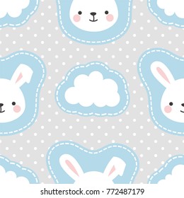 Cute White Bunny Rabbit with Cartoon Cloud Seamless Pattern Background, Vector illustration