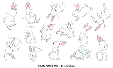 Cute white bunny rabbit collection. Set of lovely isolated children's characters for kids or babies shirt design, fashion print, Easter postcard