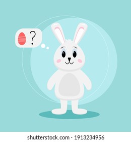 Cálido conejo blanco con huevo de Pascua sobre fondo azul. vector.