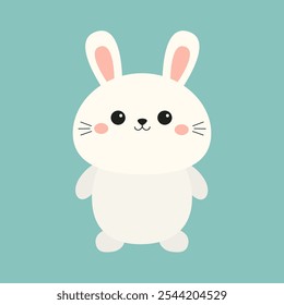 Cute white bunny rabbit hare silhouette icon. Funny smiling face head. Pink cheeks. Kawaii cartoon baby character. Happy Easter. Valentines Day. Greeting card. Green background. Flat design. Vector