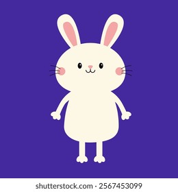 Cute white bunny rabbit hare silhouette standing. Funny smiling face head. Pink cheeks. Kawaii cartoon baby character. Happy Easter. Valentines Day. Greeting card. Blue background. Flat design. Vector