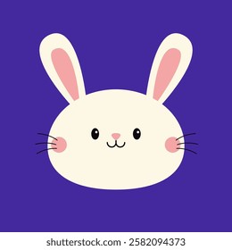 Cute white bunny rabbit hare silhouette icon. Smiling face head. Pink cheeks. Kawaii cartoon funny baby character. Happy Easter. Valentines Day. Greeting card. Blue background. Flat design. Vector