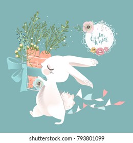 Cute white bunny, rabbit, hare with basket with carrots and flowers and hanging flags. Frame with Hapy Easter lettering