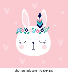 cute white bunny rabbit in hippie style vector illustration