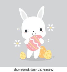 Cute white bunny rabbit holding pink Easter egg. Flat vector illustration.