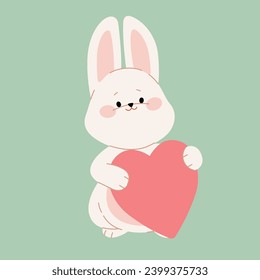 A cute white bunny rabbit holds a red heart. Flat cartoon hare character for Happy Valentine Day, Easter greeting card, invitation, sticker, banner. Vector illustration.
