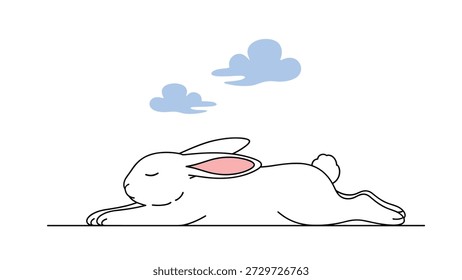 Coelho branco bonito deitado e descansando tranquilamente no chão sob nuvens azuis em um estilo de arte de linha simples.