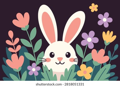 Cute white bunny rabbit peeks out curiously from colorful spring flowers and green leaves on a dark purple background.