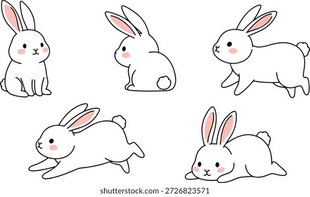 Conejo blanco lindo posa en estilo de dibujos animados dibujado a mano mínimo
