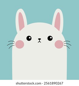 Cute white bunny rabbit silhouette. Funny face head. Big pink cheeks. Kawaii cartoon baby character. Happy Easter. Valentines Day. Love Greeting card. Blue background. Flat design. Vector illustration