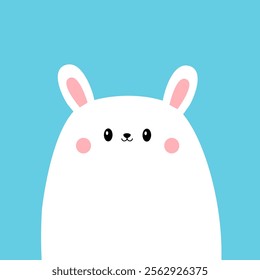 Cute white bunny rabbit silhouette. Kawaii cartoon baby character. Funny face head. Pink cheeks. Happy Easter. Valentines Day. Love Greeting card. Blue background. Flat design. Vector illustration