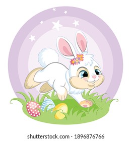 Cute white bunny running on spring grass with Easter eggs. Colorful illustration isolated on white background. Cartoon character rabbit easter concept for print, t-shirt, design,sticker and decorating