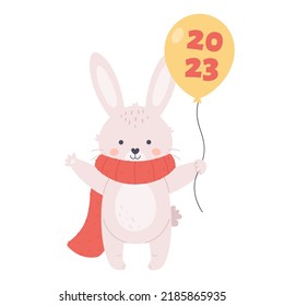 Cute white bunny in scarf wishes a Happy New Year 2023. Year of the Rabbit. Winter holidays. Hand drawn vector illustration