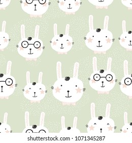 Cute white bunny seamless pattern. Creative nursery background. Perfect for kids design, fabric, wrapping, wallpaper, textile, apparel. Pastel colors.