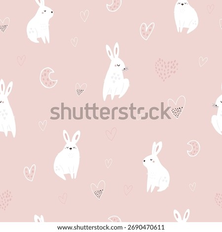 Cute White Bunny Seamless Pattern. Pink and Heart Background. Adorable Hand-Drawn Rabbit Print for Baby Girl Nursery Decor