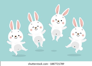 Cute white bunny set. Rabbit cartoon vector collection. Animal wildlife character. -Vector