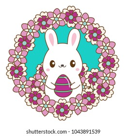 Cute white bunny sitting among flowers. Sweet easter rabbit with eggs. Isolated vector icon, banner for seasonal greetings in kawaii style