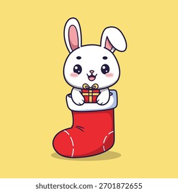 Cute White Bunny Sitting Inside Red Christmas Stocking Holding Gift Box Festive Holiday Cartoon Style Vector Illustration