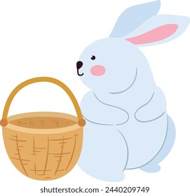 Cute white bunny with spring basket. Funny rabbit