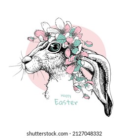 Cute white Bunny in the spring flowers headband on the pink background. Pastel Easter composition, hand drawn style print. Vector illustration.