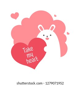 Cute white bunny of square gift tag, card, postcard,Happy valentines day
