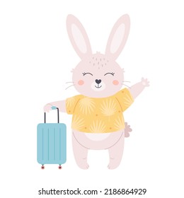 Cute white bunny with travel bag. Summer vacation, hello summer, summertime. Hand drawn vector illustration