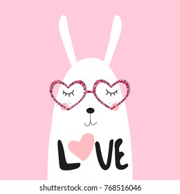 Cute white bunny. Valentines day greeting card. Vector hand drawn illustration.