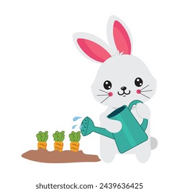 Cute white bunny watering carrots with watering can. Springtime, gardening, farming concept.