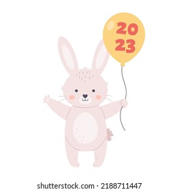 Cute white bunny wishes a Happy New Year 2023. Rabbit with air balloon. Year of the Rabbit. Winter holidays. Hand drawn vector illustration