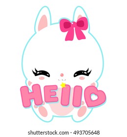 Cute white bunny with the word hello. Suitable for a logo, sticker or card. Children's character.