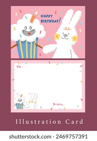 cute white bunny with yellow flower and smiley birthday cupcake on pink background, illustration birthday card decoration. greeting card for blessing.