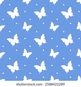 Cute white butterflies on a blue background. Seamless pattern, print, vector illustration