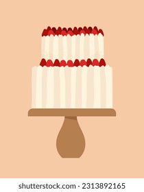 Cute white cake on plate concept. Dessert and delicacy. Symbol of holidays and festivals. New Year, Christmas and birthday. Cartoon flat vector illustration isolated on beige background