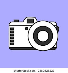 Cute white camera drawn in flat style isolated on lilac background, photography, doodle illustration.