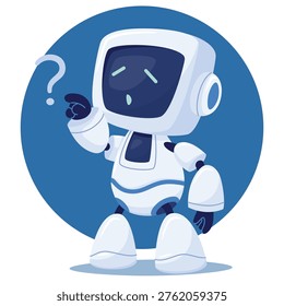 A cute, white cartoon android character with a screen for a face. The robot faced a difficult unknown task, artificial intelligence in the process of work.