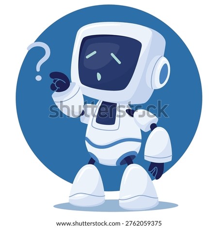 A cute, white cartoon android character with a screen for a face. The robot faced a difficult unknown task, artificial intelligence in the process of work.