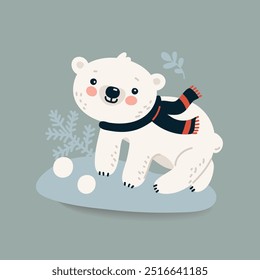 Cute white cartoon bear in a scarf, Vector winter illustration in flat style.