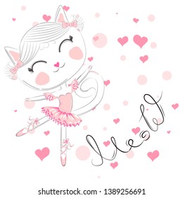 cute white cartoon cat in ballet tutu, kitty girl in a pink skirt, lettering Cute. sweet card